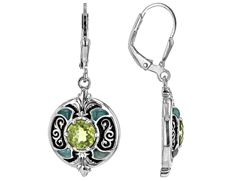 Pacific Style™ 1.28ctw Peridot and Jadeite Rhodium over Sterling Silver Dangle Earrings