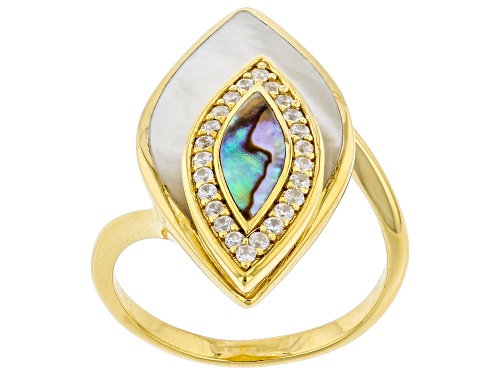 Pacific Style™ Mother-of-Pearl, Abalone Shell &  White Zircon 18K Yellow Gold Over Silver Ring - Size 8