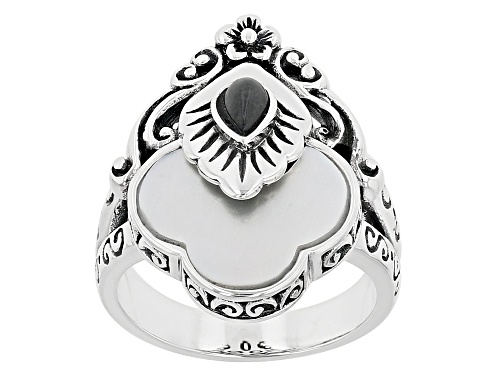 Pacific Style™ White Mother-Of-Pearl and Charcoal Jadeite Sterling Silver Ring - Size 7
