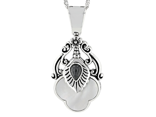 Photo of Pacific Style™ White Mother-Of-Pearl and Charcoal Jadeite Sterling Silver Enhancer with Chain