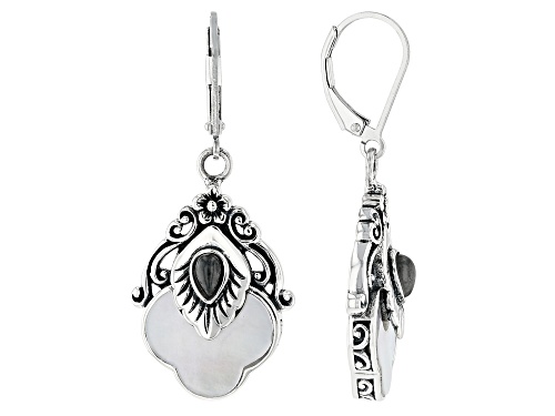 Photo of Pacific Style™ White Mother-Of-Pearl and Charcoal Jadeite Sterling Silver Dangle Earrings