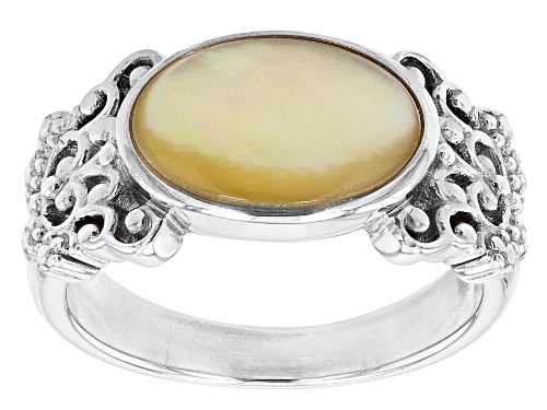 Pacific Style™ 14x10mm Oval Golden Mother-Of-Pearl Rhodium over Sterling Silver Ring - Size 8