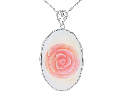 Pacific Style™ 45x30mm Hand Carved Pink Conch Shell Rhodium Over Silver Rose Pendant with Chain