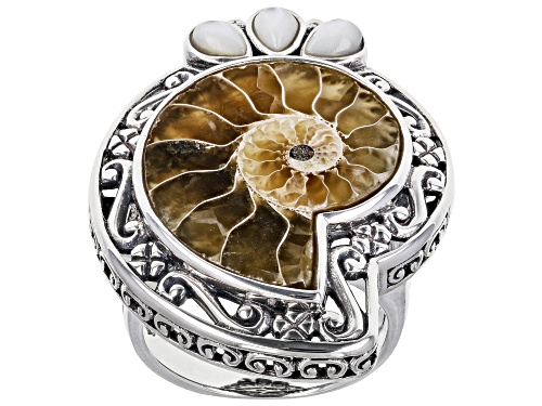 Pacific Style™ Ammonite Shell with White Mother-of Pearl Sterling Silver Ring - Size 7