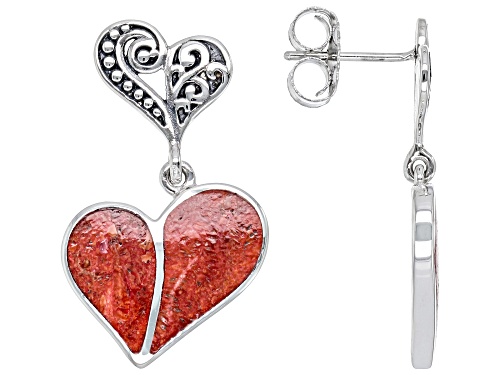 Pacific Style™ Red Coral Inlay Sterling Silver Heart Dangle Earrings
