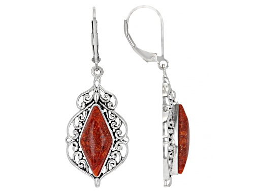 Photo of Pacific Style™ 16x7mm Red Sponge Coral Rhodium Over Sterling Silver Earrings