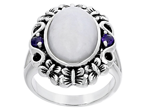 Photo of Pacific Style™ 14x10mm White Jadeite With .10ctw Amethyst Rhodium Over Silver Ring - Size 7