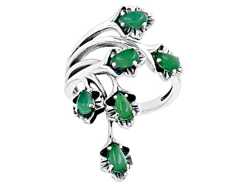 Pacific Style™ 5x3mm Pear Green Jadeite Rhodium Over Sterling Silver Leaf Ring - Size 8