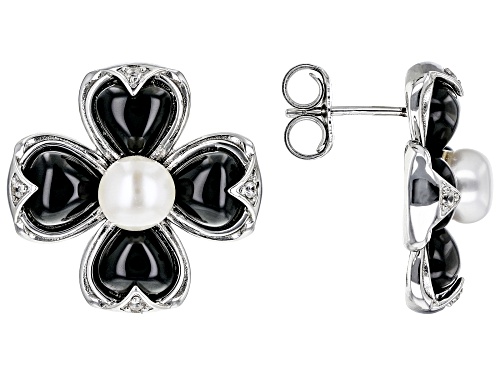 Pacific Style™ Black Onyx, Cultured Freshwater Pearl & Zircon Rhodium Over Silver Earrings