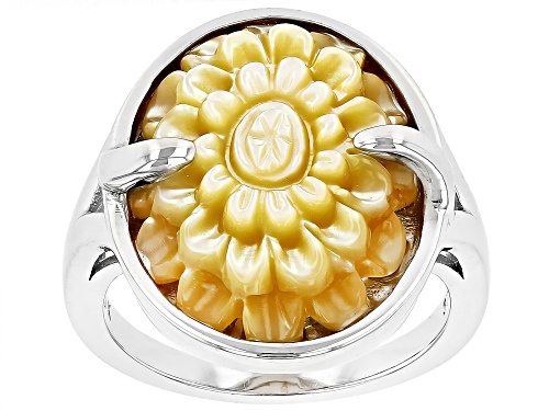 Pacific Style™ Carved Golden Mother-of-Pearl Rhodium Over Sterling Silver Flower Ring - Size 8