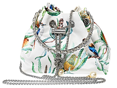 Off Park® Collection, White Color Bird Fabric Rhodium Over Silver Clutch