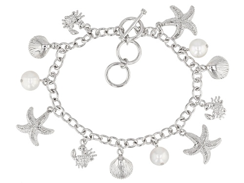 Pacific Style™ White Cultured Freshwater Pearl Rhodium Over Brass Charm Bracelet - Size 7.5