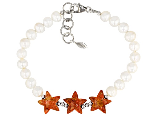 Photo of Pacific Style™ Red Sponge Coral & Mother-of-Pearl Rhodium Over Sterling Silver Star Bracelet - Size 7.5