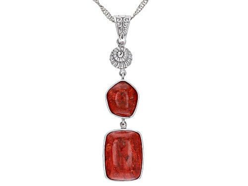 Photo of Pacific Style™ Red Sponge Coral Rhodium Over Brass Seashell Design Enhancer With 18" Chain