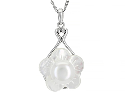 Photo of Pacific Style™ Hand Carved Mother-Of-Pearl Sterling Silver Flower Pendant With 18" Chain