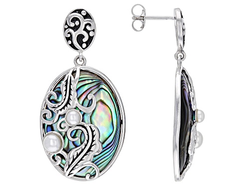 Photo of Pacific Style™ Abalone Shell & Cultured Freshwater Pearl Sterling Silver Feather Design Earrings