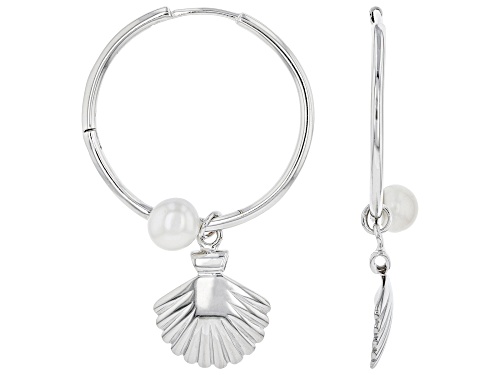 Photo of Pacific Style™ Cultured Freshwater Pearl Rhodium Over Brass Hoop With Seashell Charm Earrings