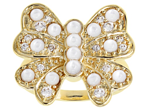 Pacific Style™ Mother-Of-Pearl & 0.38ctw White Zircon 18K Yellow Gold Over Brass Butterfly Ring - Size 9