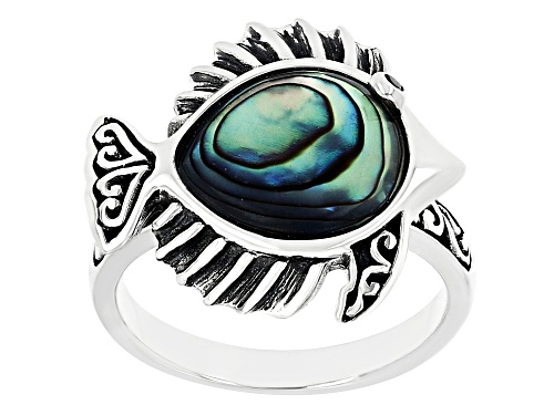 Photo of Pacific Style™ Abalone Shell & 0.02ct White Zircon Rhodium Over Silver Aquatic Fish Ring - Size 8