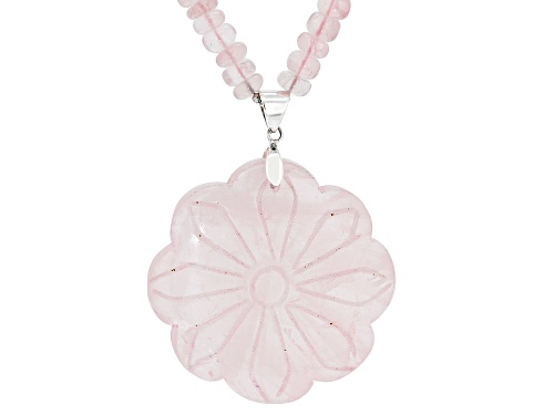 Pacific Style™ 43-47mm Carved Flower & 6-7mm Rose Quartz Rhodium Over Sterling Silver Necklace - Size 18