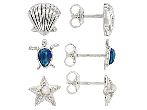 Pacific Style™ 4x3mm Lab Created Green Opal & Mother-of-Pearl Rhodium Over Silver Earring Set of 3