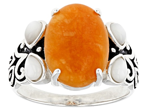 Pacific Style™ 14x10mm Orange Jadeite With Mother-of-Pearl Rhodium Over Silver Ring - Size 9