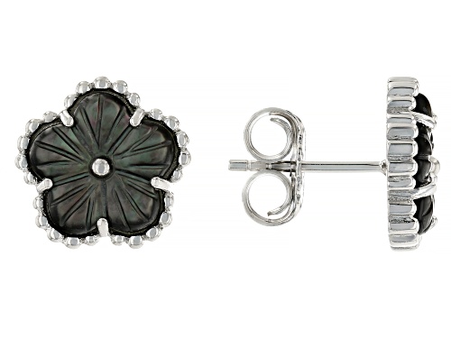 Pacific Style™ 10mm Flower Carved Black Mother-Of-Pearl Rhodium Over Silver Stud Earrings