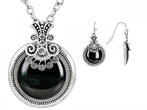 Paula Deen Jewelry™ Black Epoxy & Crystal Silver Tone Earring and Pendant Set