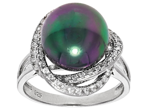 Pearlfection® 12mm Peacock Simulant & Bella Luce® Rhodium Over Sterling Silver Ring - Size 6