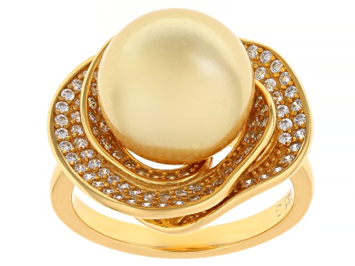 Pearlfection® 12mm Golden South Sea Simulant With Bella Luce® 18k Yellow Gold Over Silver Ring - Size 7