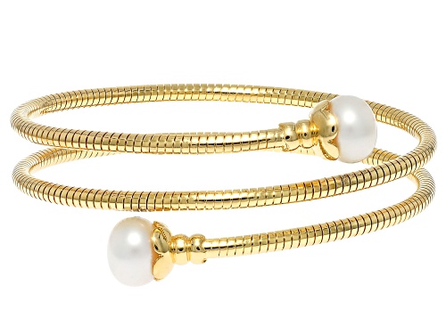 Perla Milano™ 10mm White Cultured Freshwater Pearl 18k Yellow Gold Over Bronze Tubogas Wrap Bracelet