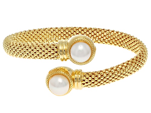 9mm White Cultured Freshwater Pearl 18k Yellow Gold Over Bronze Mesh Bypass Bangle