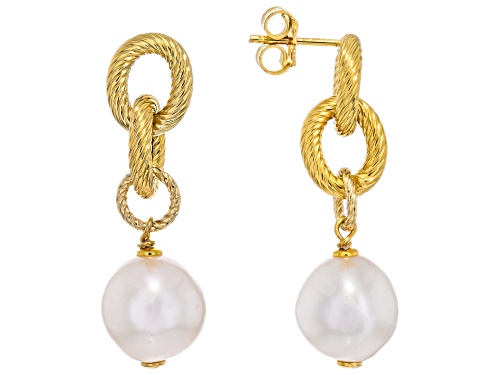 Perla Milano™ 11mm White Cultured Freshwater Pearl 18k Yellow Gold Over Bronze Earrings