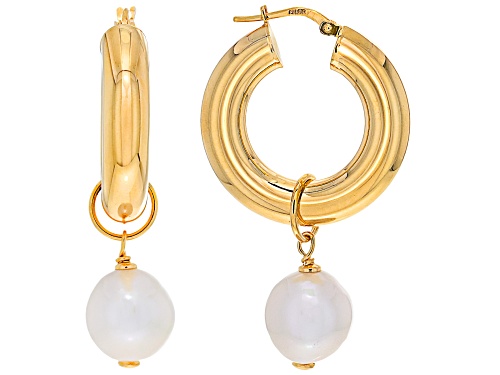 Genusis™ 10-12mm White Cultured Freshwater Pearl 18k Yellow Gold Over Bronze Hoop Earrings