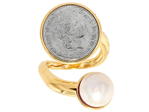 10mm Cultured Freshwater Pearl With Genuine 50 Lire Coin 18k Gold Over Bronze Ring - Size 11