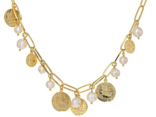 Perla Milano™ 10mm Cultured Freshwater Pearl With Replica Lire Coin 18k Gold Over Bronze Necklace - Size 18