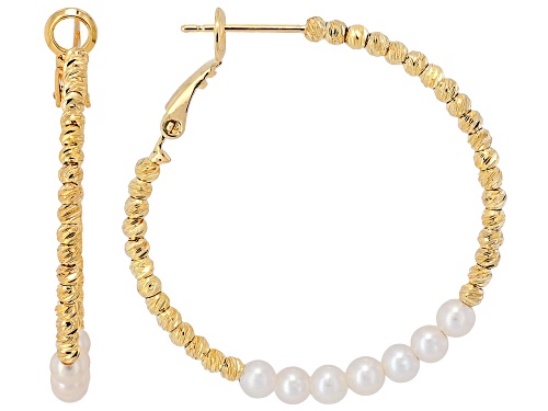 4mm White Cultured Freshwater Pearl 18k Yellow Gold Over Bronze Hoop Earrings