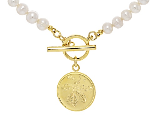 6mm Cultured Freshwater Pearl With Genuine 20 Lire Coin 18k Gold Over Bronze Necklace - Size 18