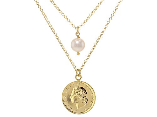 9mm Cultured Freshwater Pearl With Genuine 20 Lire Coin 18k Gold Over Bronze Necklace - Size 18