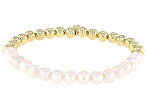 6mm White Cultured Freshwater Pearl 18k Yellow Gold Over Bronze Stretch Bracelet
