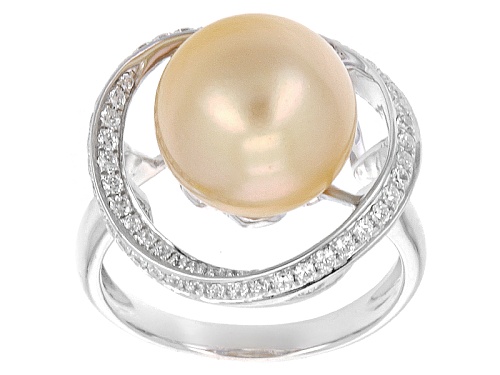 10-11mm Golden Cultured South Sea Pearl With 0.79ctw White Zircon Rhodium Over Sterling Silver Ring - Size 9