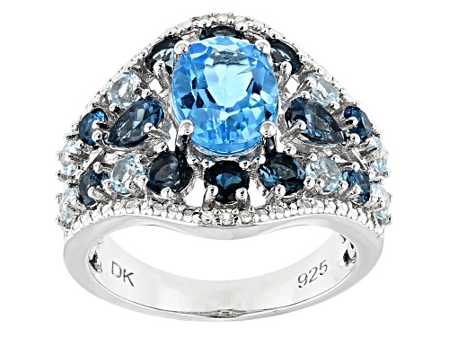 1.91ct Swiss Blue Topaz, 1.86ctw Blue Topaz & .03ctw Diamond Accent Rhodium Over Silver Ring - Size 6