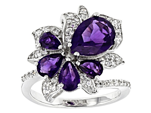 2.56ctw Pear Shape African Amethyst W/ .59ctw White Zircon Rhodium Over Silver Ring - Size 7
