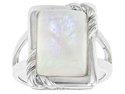 14x10mm Baguette Rainbow Moonstone Rhodium Over Sterling Silver Solitaire Ring - Size 6