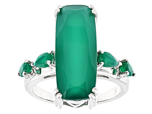 20X8mm rectangular with 5X3 & 4X3mm pear shape green onyx rhodium over sterling silver ring - Size 8