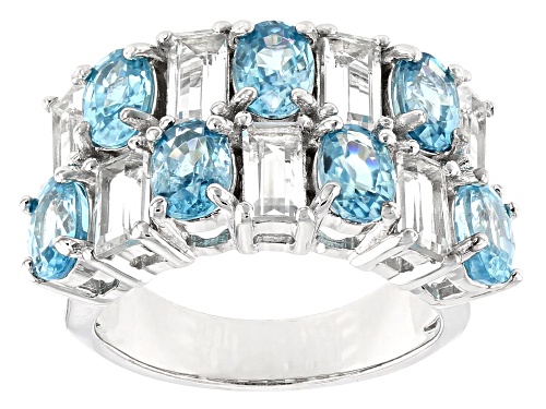 4.76ctw oval blue zircon and 2.59ctw baguette white topaz rhodium over sterling silver band ring - Size 6