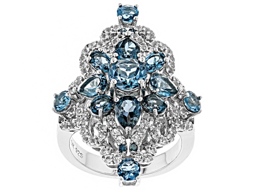 Photo of 3.87ctw London Blue & 1.07ctw White Topaz with .03ctw 4 Blue Diamond Accent Rhodium Over Silver Ring - Size 6