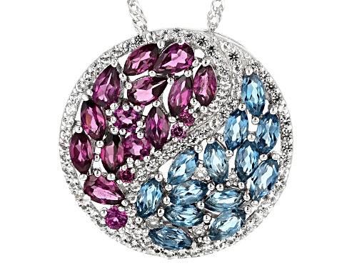 4.39ctw Raspberry Color Rhodolite, London Blue & White Topaz Rhodium Over Silver Pendant W/ Chain