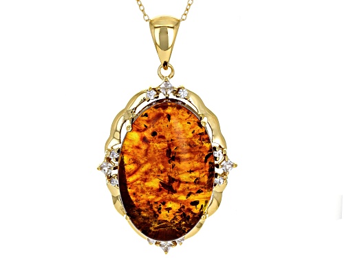 30x20mm Oval Cabochon Amber With .91ctw White zircon 18k Gold Over Silver Pendant W/ Chain