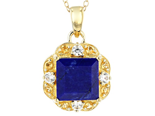 9mm Square Lapis Lazuli With .25ctw Citrine & .35ctw Zircon 18k Gold Over Silver Pendant With Chain